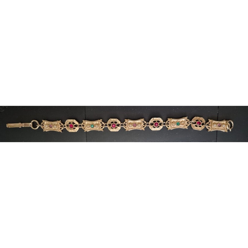 Vintage Sarah Coventry Gold Tone Ornate Panel linked Bracelet Color Rhinestones